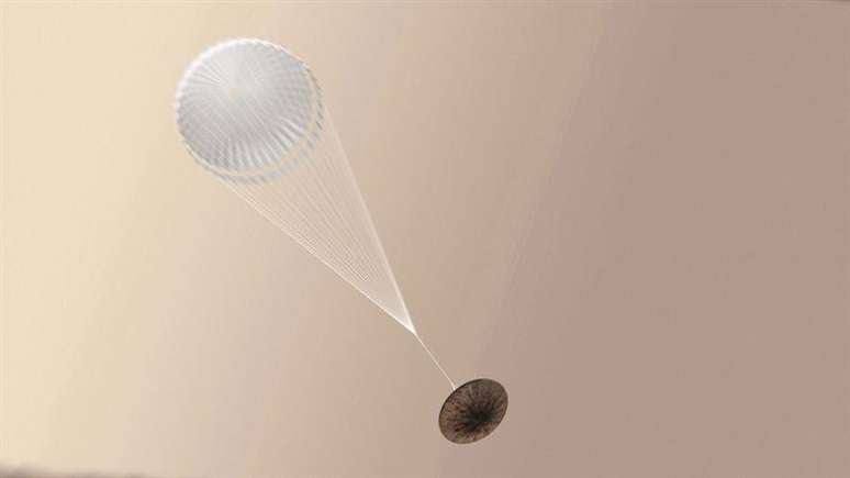 Ilustração mostra o que seria a descida da sonda Schiaparelli em Marte