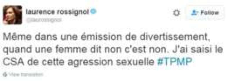 "Mesmo em um programa de entretenimento, quando uma mulher diz não, é não", tuitou a ministra francesa dos Direitos da Mulher e da Criança, Laurence Rossignol