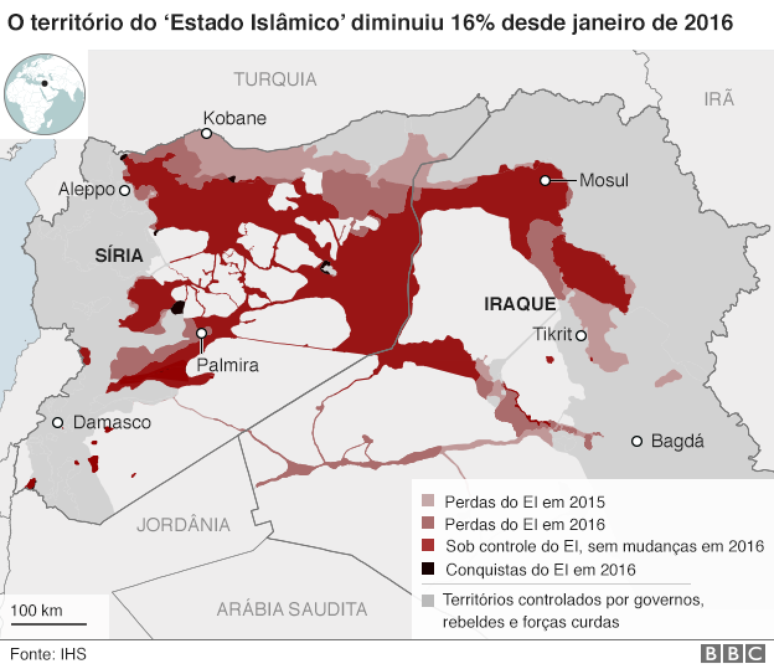 Mapa mostra perda de território do Estado Islâmico