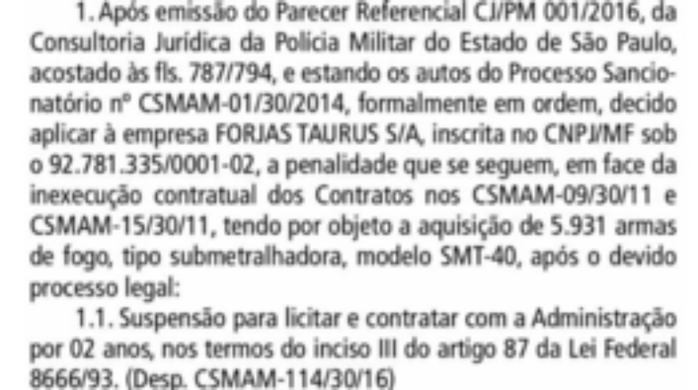 Governo paulista decidiu interromper licitações de armas da Taurus após laudos que apontaram defeitos de fábrica