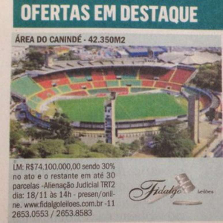 Leilão do Canindé aparece como oferta nos classificados (foto: Reprodução/O Estado de S.Paulo)