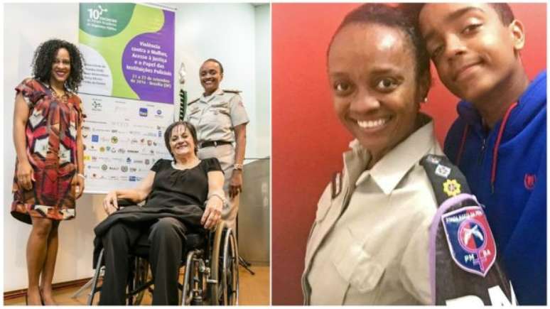 Denice Santiago com Maria da Penha (na cadeira) em evento em Bras&iacute;lia; com filho adolescente, conversas sobre situa&ccedil;&atilde;o da mulher