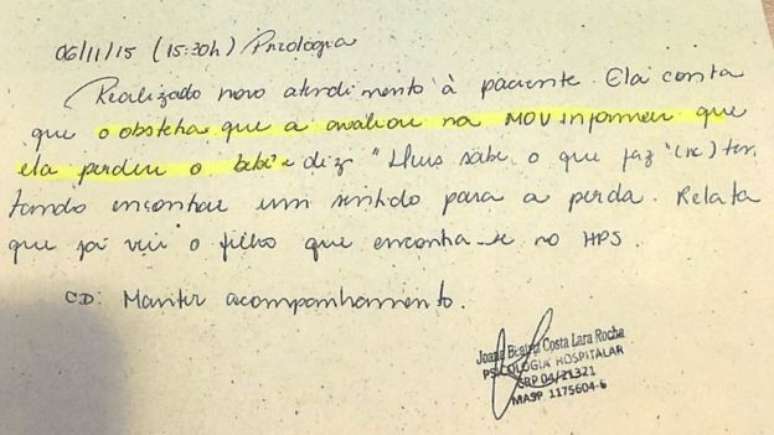 Boletim m&eacute;dico assinado por psic&oacute;loga no dia seguinte &agrave; trag&eacute;dia