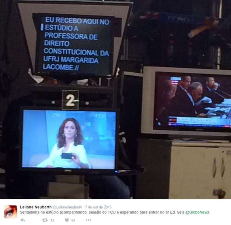 De olho no teleprompter, o TP, no qual s&atilde;o gerados e lidos os textos (Foto: Reprodu&ccedil;&atilde;o/@leilaneneubarth)