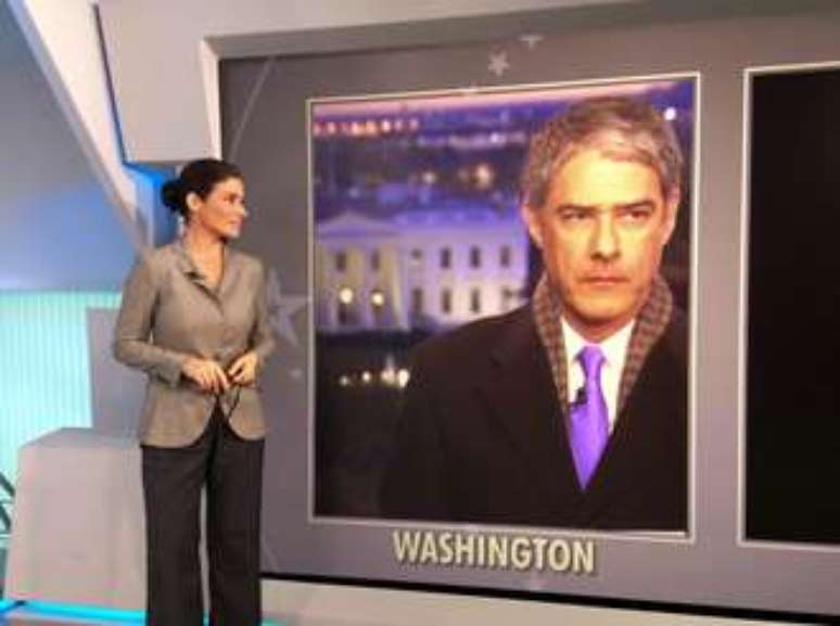 Renata Vasconcellos no est&uacute;dio do JN no Rio e Bonner direto da capital americana no tel&atilde;o (Foto: Reprodu&ccedil;&atilde;o/@jornalnacional)