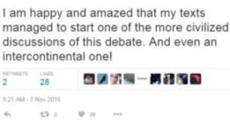 "Estou feliz e impressionado que texto tenham gerado uma das mais civilizadas discuss&otilde;es neste debate. Uma discuss&atilde;o inclusive intercontinental", tuitou o autor da mensagem