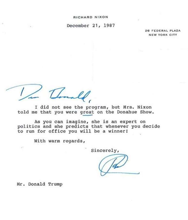 Richard Nixon escreveu carta a Donald Trump em 1987 