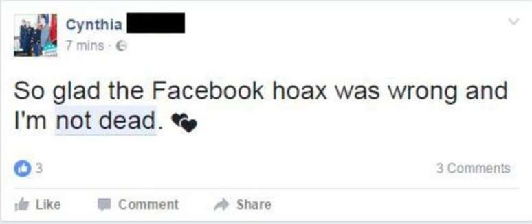 Essa usuária fez graça: "Ainda bem que o Facebook está errado e eu não morri"