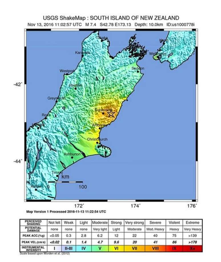 Mapa mostra local do epicentro do terremoto de 7,4 graus que atingiu a Nova Zelândia