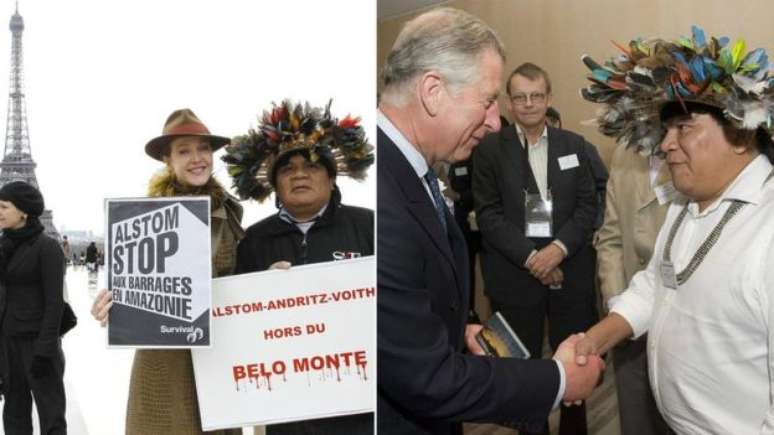 Almir em ato contrta barragens na Amaz&ocirc;nia em Paris em 2011 e em encontro com pr&iacute;ncipe Charles da Inglaterra em 2009 no Reino Unido: chefe se tornou refer&ecirc;ncia internacional em projetos de desenvolvimento sustent&aacute;vel na Amaz&ocirc;nia