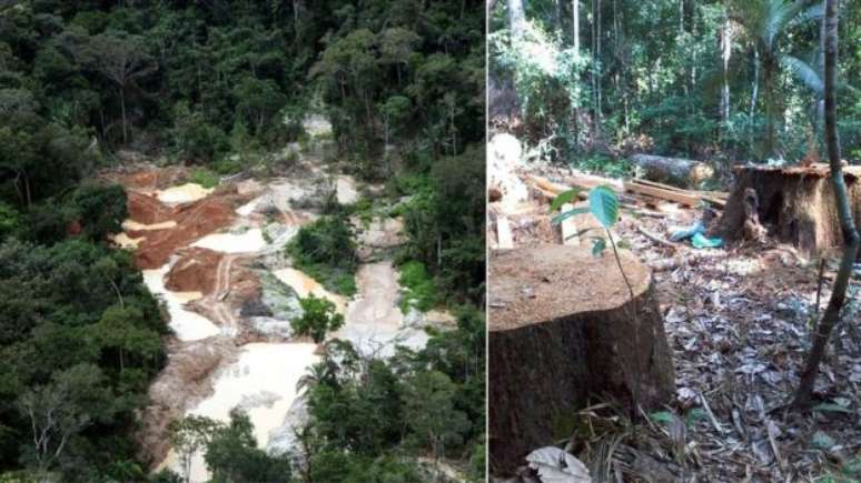 Garimpo (&agrave; esq.) e extra&ccedil;&atilde;o de madeira ilegais na reserva dos suru&iacute;s; para Procuradoria, h&aacute; risco de "descaracteriza&ccedil;&atilde;o total" da &aacute;rea