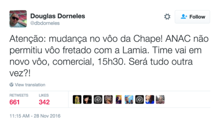 Jornalista chapecoense Douglas Dorneles, que está entre as vítimas, mencionou veto do órgão a Chapecoense; equipe teve de viajar em voo comercial