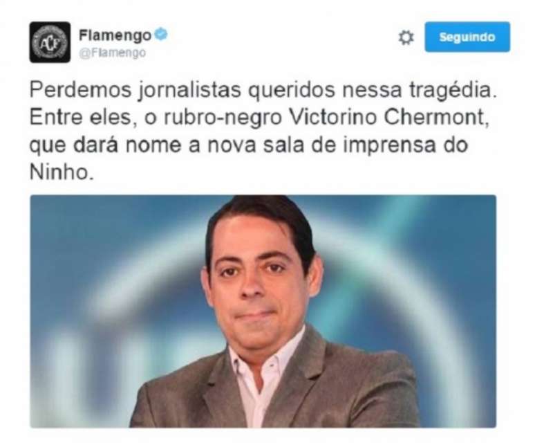 Flamengo faz homenagem a jornalista morto na tragédia com avião da Chapecoense (Foto: Reprodução/Twitter)