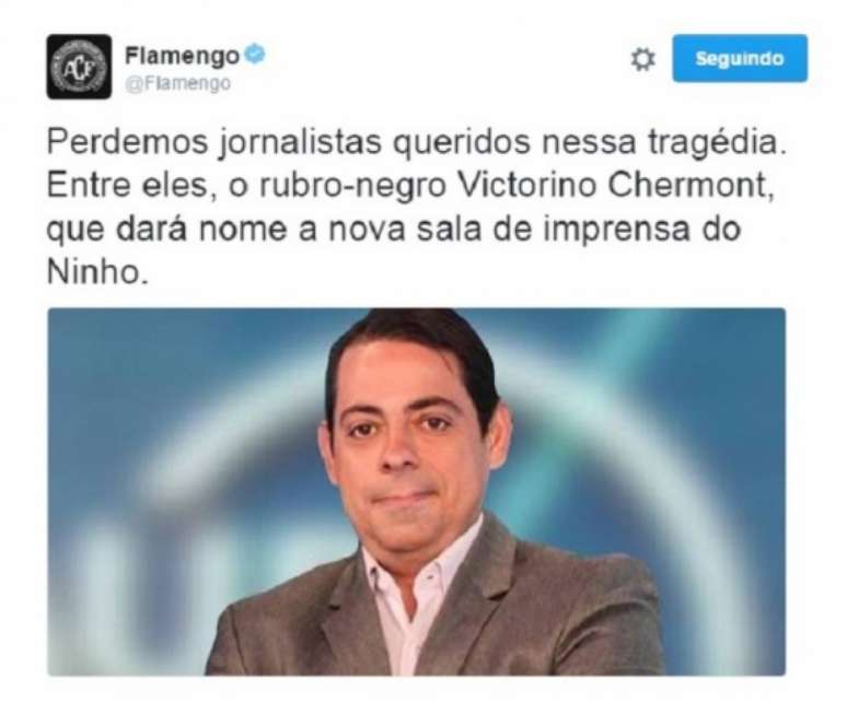 Flamengo faz homenagem a jornalista morto na tragédia com avião da Chapecoense (Foto: Reprodução/Twitter)