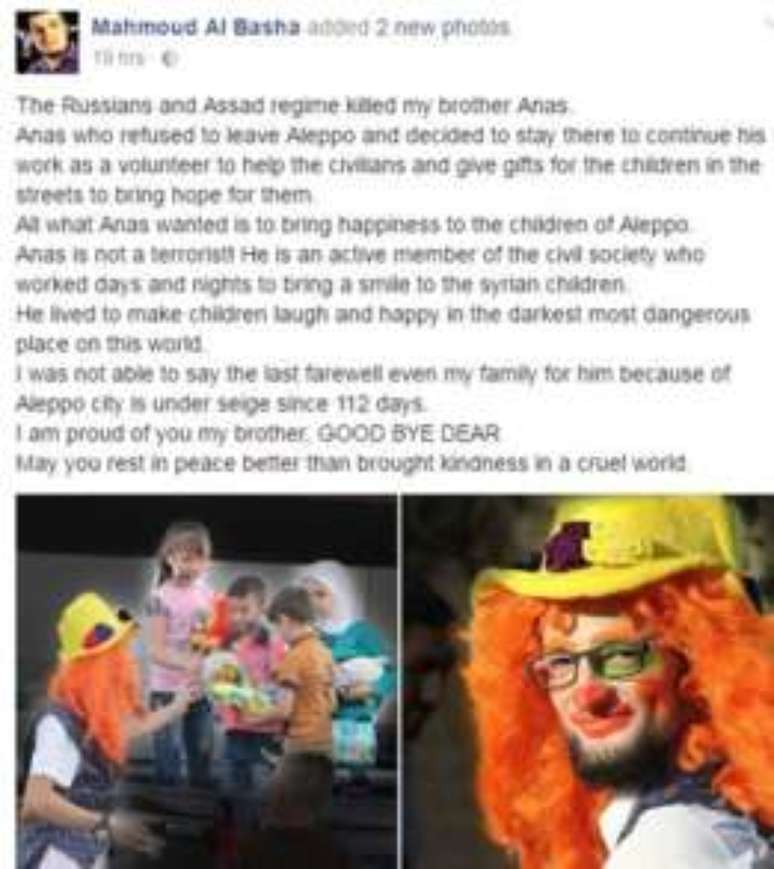 O irmão de Anas escreveu uma mensagem no Facebook dizendo que Anas "viveu para fazer as crianças rirem"
