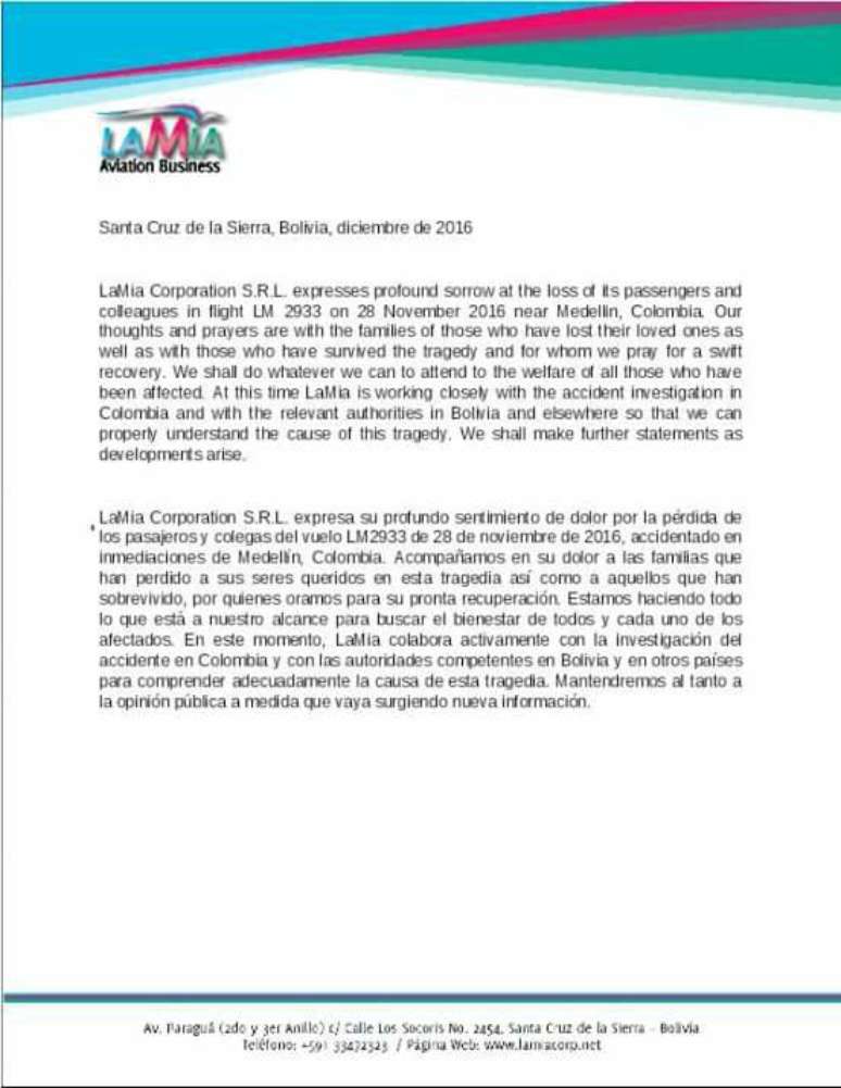 Reprodução do comunicado oficial emitido pela companhia aérea Lamia, responsável pelo voo que caiu na Colômbia com a delegação da Chapecoense