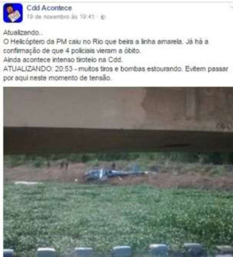 A página do CDD Acontece fez várias postagens alertando a população no dia da queda de um helicóptero na comunidade 