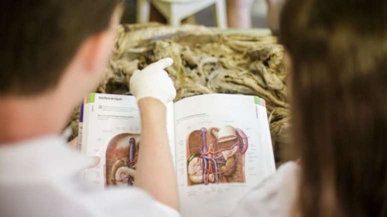 Estudantes de Medicina em aula de anatomia na UFMG; para professor, contato com corpos provoca reflexão sobre morte e &#039;lição de humildade&#039; diante da vida 