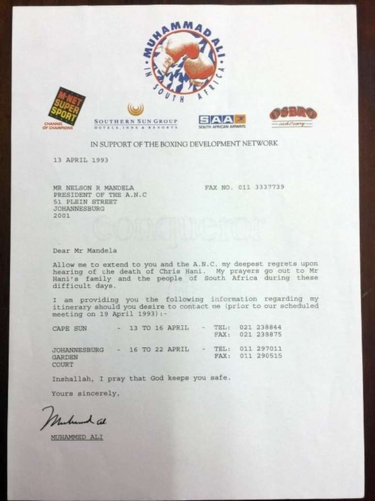 Carta detalha itiner&aacute;rio de Ali pelo pa&iacute;s