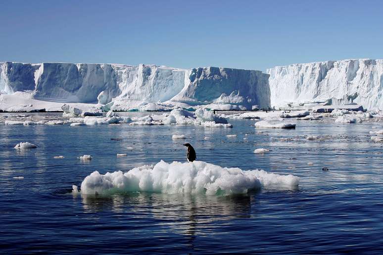 Foto de arquivo mostra um pinguim sobre bloco do gelo de derretimento perto da estação francesa na região leste da Antártica