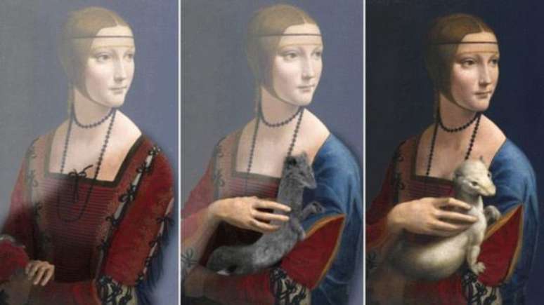 Pesquisas mostraram que da Vinci fez a obra em três estágios, adicionando o animal nas versões mais tardias (©copyright Pascal Cotte) 