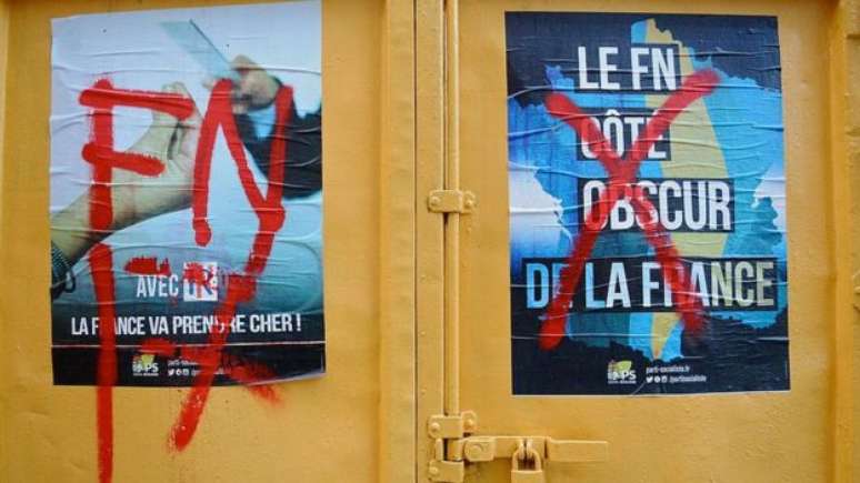 A Frente Nacional, de extrema-direita, é uma potencial ameaça aos partidos políticos tradicionais como o Partido Socialista nas eleições presidenciais francesas. 