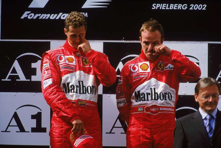 Schumacher e Barrichello no pódio do GP da Áustria de 2002