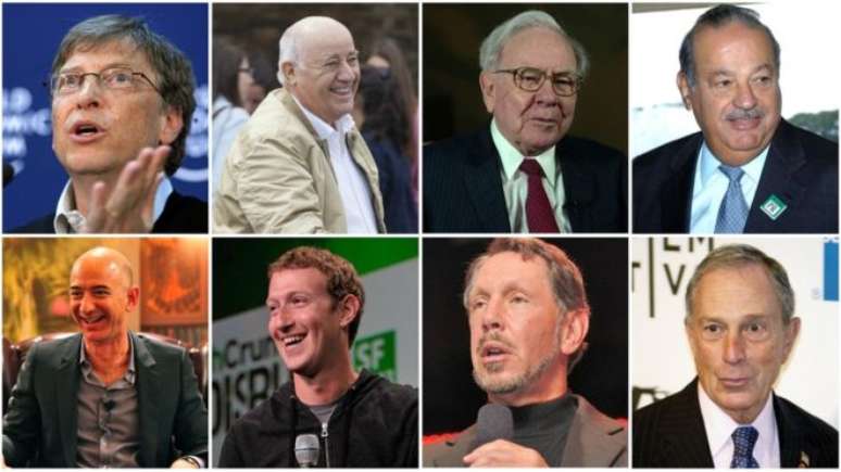 Da esquerda para a direita, o clube dos homens mais ricos do mundo: Bill Gates, Amancio Ortega, Warren Buffett, Carlos Slim, Jeff Bezos, Mark Zuckerberg, Larry Ellison e Michael Bloomberg 