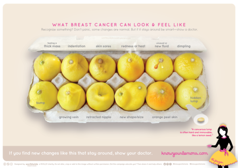 A campanha mostra em 12 limões os sinais do câncer de mama e o aspecto que a doença dá ao seio 