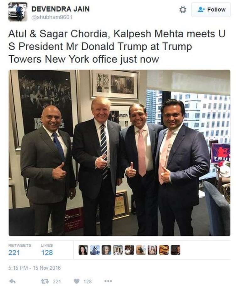 Sócios de Trump na Índia viajaram aos EUA para felicitá-lo pela vitória 