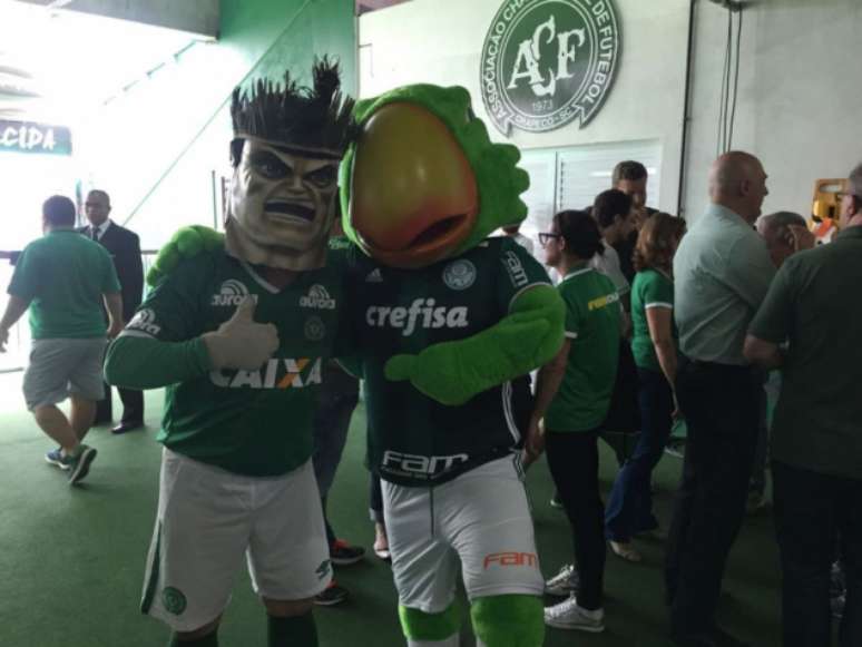 Mascotes de Chapecoense e Palmeiras se abraçam na Arena Condá (Foto: Divulgação)