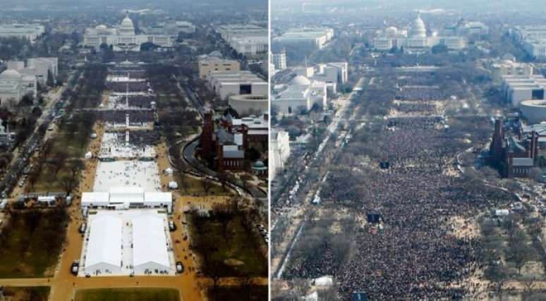 A posse de Donald Trump (à esquerda) e a de Barack Obama em 2009. A imagem foi registrada no famoso obelisco que está no centro de Washington no momento em que ambos os presidentes faziam o juramento para assumir o cargo. 