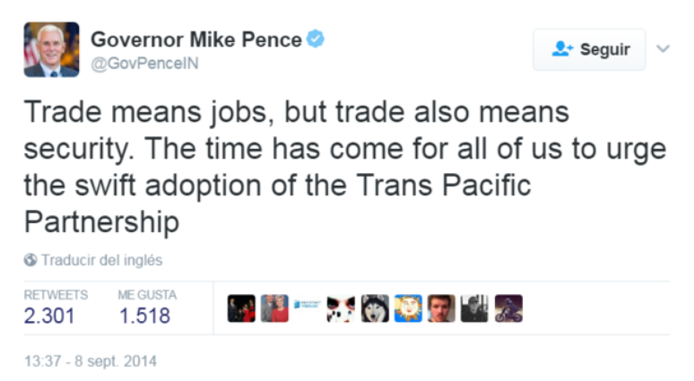 Em um tuíte de 2014, o agora vice-presidente Mike Pence defendia a entrada dos EUA no bloco: &#034;Comércio significa empregos, mas também significa segurança. É hora de todos estimularmos a rápida adoção da Parceria Transpacífica&#034;. 