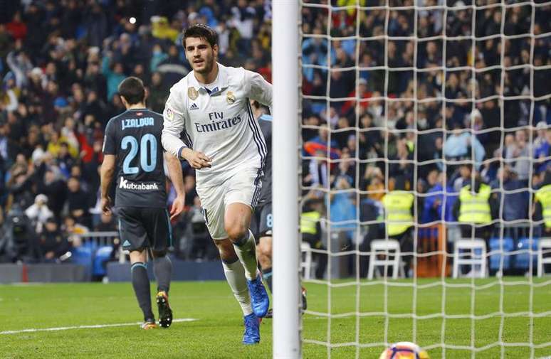 O atacante Morata comemora o gol que anotou na vitória do Real Madrid