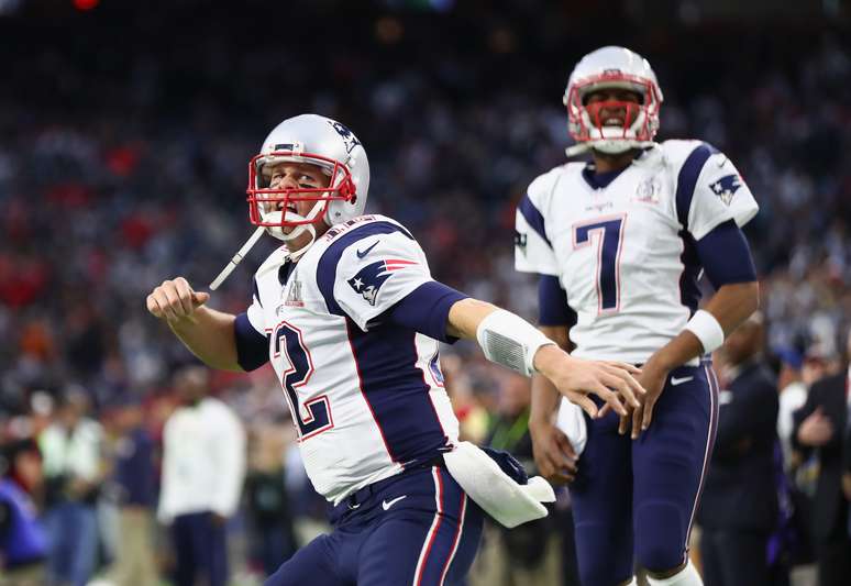 Tom Brady vibra com touchdown anotado pelo New England Patriots no Super Bowl