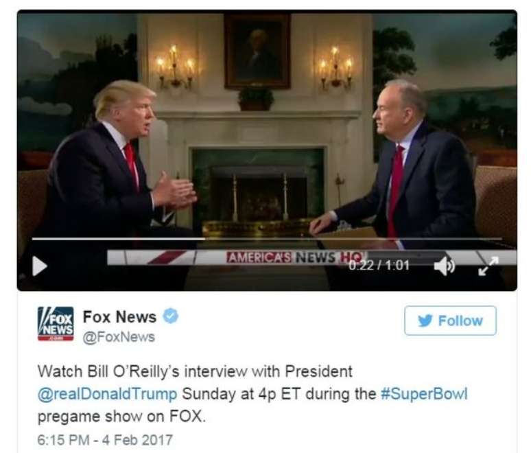 Trump em entrevista ao apresentador da Fox News, Bill Reilly neste final de semana 