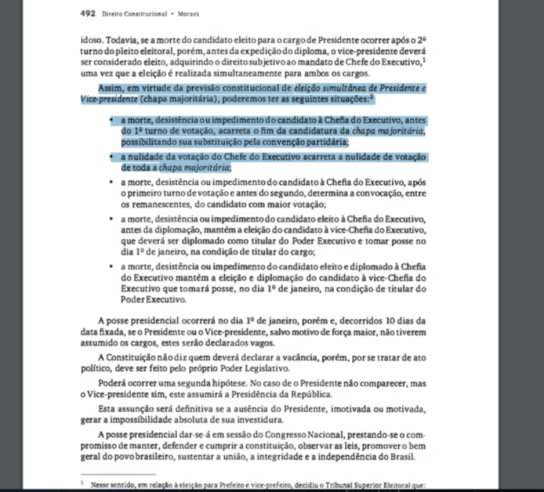 'Nulidade da votação do Chefe do Executivo acarreta a nulidade de votação de toda a chapa majoritária', diz Alexandre de Moraes no livro 'Direito Constitucional'