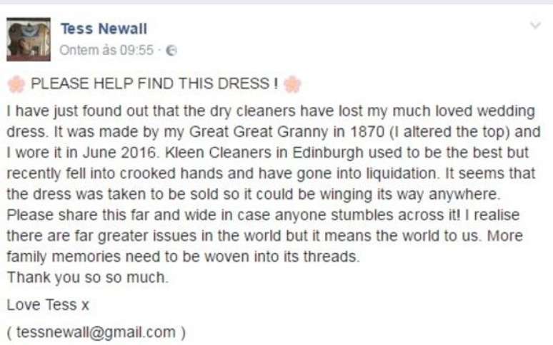Na publicação, compartilhada mais de 250 mil vezes, Tess dá um e-mail para o caso de alguém encontrar o vestido 