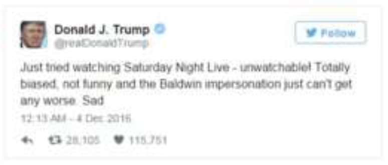 'Acabei de tentar ver 'Saturday Night Live': é impossível de assistir! Totalmente tendencioso, nada engraçado e a interpretação de Baldwin não poderia ser pior. Triste', disse o presidente Trump em um tuíte sobre o programa de TV