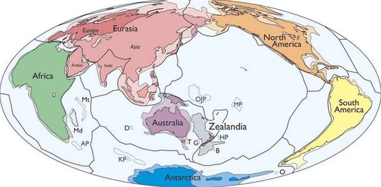 No mapa acima, publicado no 'Geological Society of America's Journal', os sete continentes conhecidos dos geólogos mais a Zelândia