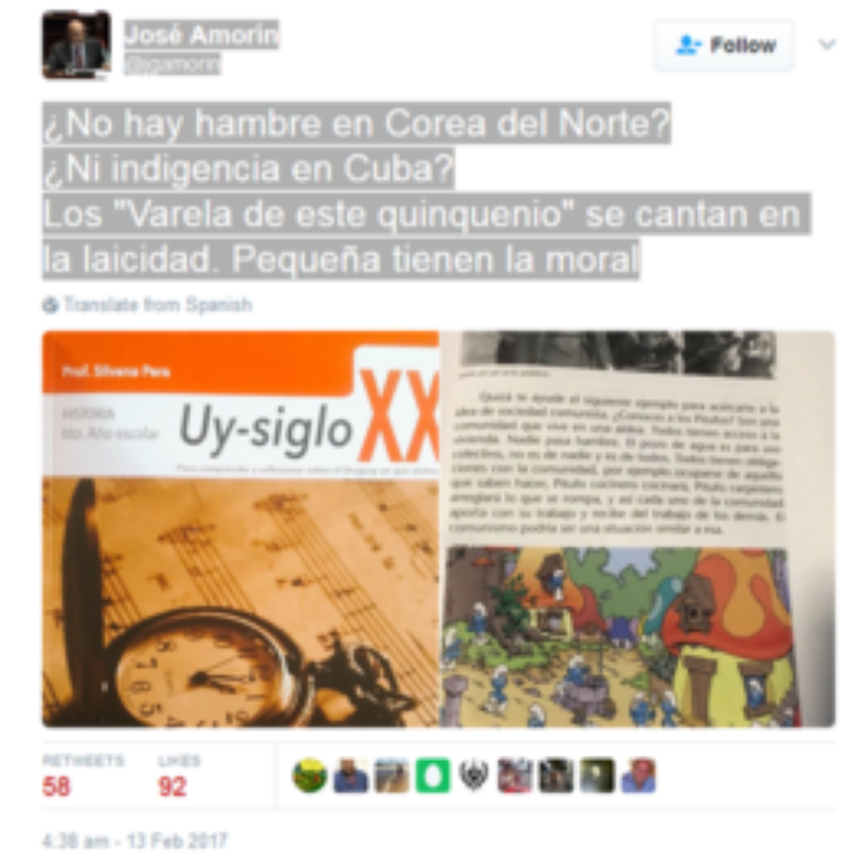 O senador Jos&eacute; Amor&iacute;n, do tradicional Partido Colorado, aderiu &agrave;s cr&iacute;ticas ao livro 'Uy-siglo XX'