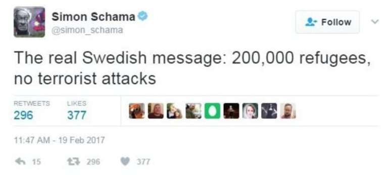 &#039;A verdadeira mensagem sueca: 200 mil refugiados, sem ataques terroristas&#039;, disse o historiador britânico Simon Schama. 