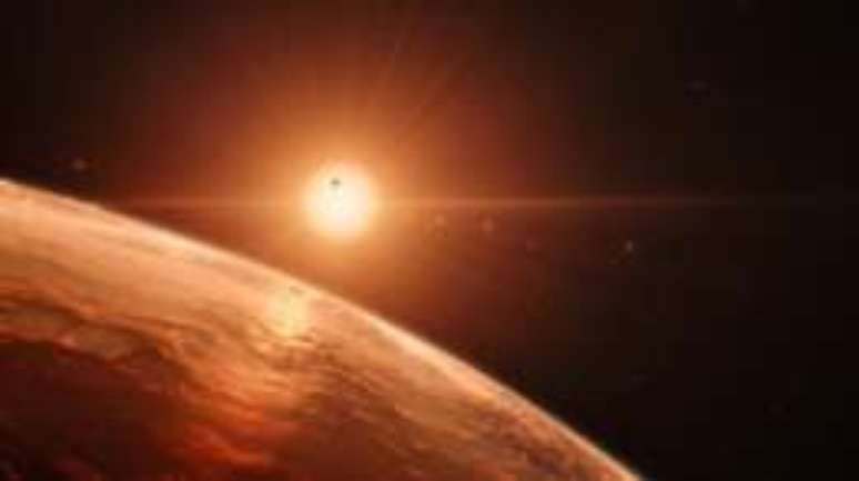 Impressão artísitica mostrando o sistema de TRAPPIST-1; astrônomos creem que três dos sete planetas podem conter água líquida
