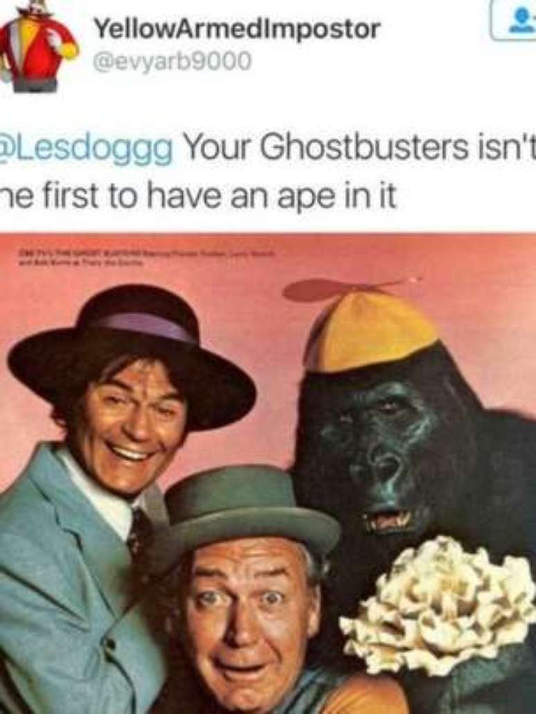 Sua versão dos Caça-Fantasmas não é a única que tem um macaco, diz o tuíte dirigido à atriz Leslie Jones