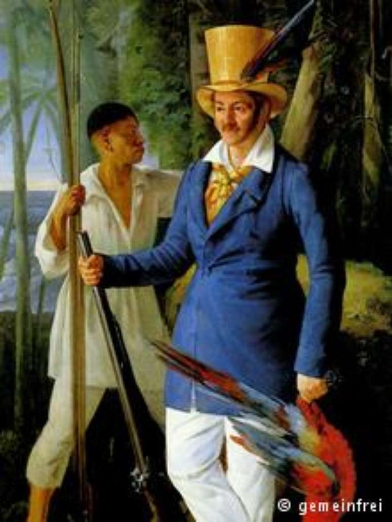 Aquarela do alem&atilde;o Johann Heinrich Richter, de 1828, mostra Ku&ecirc;k e pr&iacute;ncipe Wied-Neuwied no Brasil