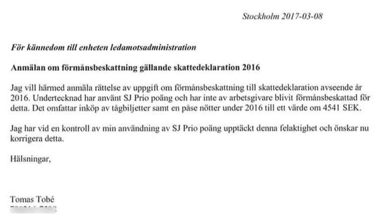 Em nota enviada à administração do Parlamento sueco, o deputado informa que deixou de declarar a compra de um saco de amendoim e um bilhete de trem para viagem de caráter pessoal, e pede que o erro seja corrigido