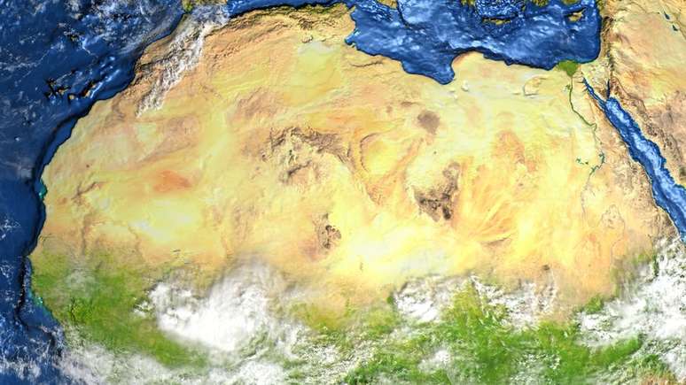 O deserto do Saara hoje em dia. A cor creme clara reflete os raios de luz, o que afeta a frequência das chuvas de monções, essenciais para a vegetação