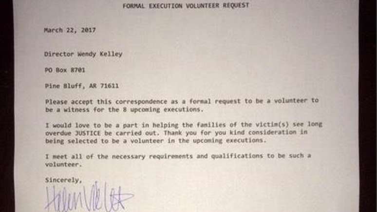 A carta de aplicação de Beth Viele para servir como testemunha voluntária.