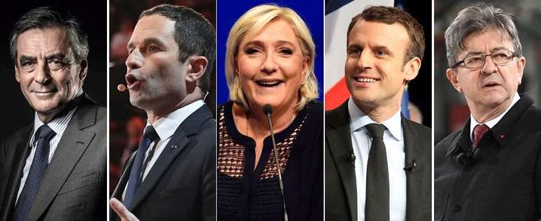Principais candidatos à Presidência da França, da esquerda para a direita: François Fillon, Benoit Hamon, Marine Le Pen, Emmanuel Macron e Jean-Luc Mélenchon