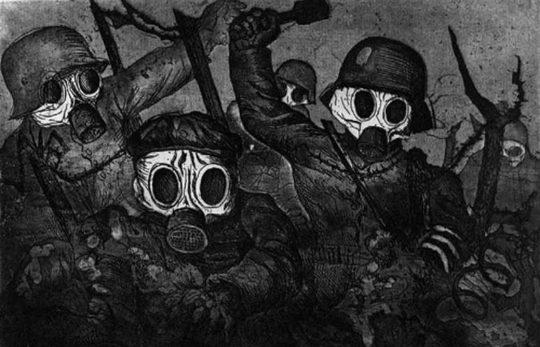 Tropa de assalto em meio a um ataque de gás (Otto Dix, 1924)
